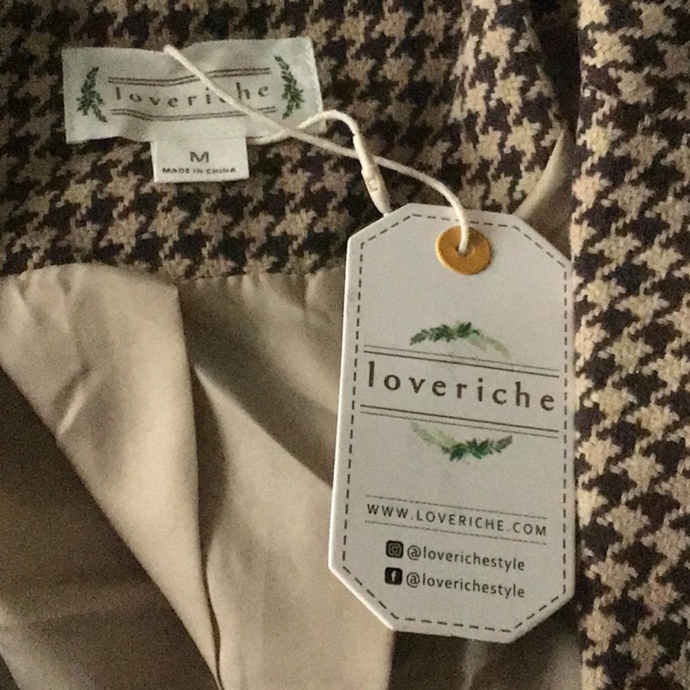 Love Riche Tan Brown Houndstooth Frayed Edging Lined Jacket Blazer NWT - Picture 14 of 16